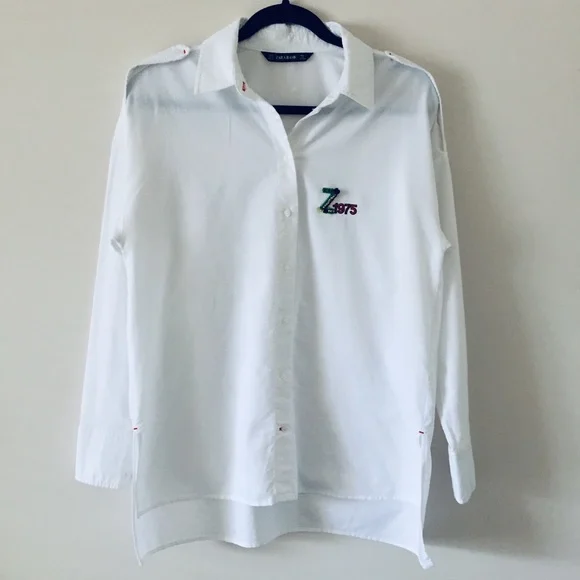 Zara Basic White Oversized Button-Down Boyfriend Shirt With Zara Logo Size US M - Picture 1 of 11